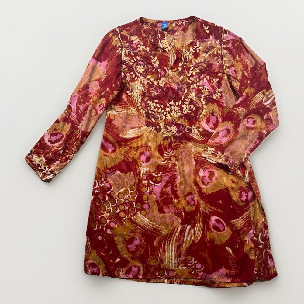 Raj Tunic Dress Women's‎ Size Large Red Paisley Floral Cotton Embroidered Kaftan